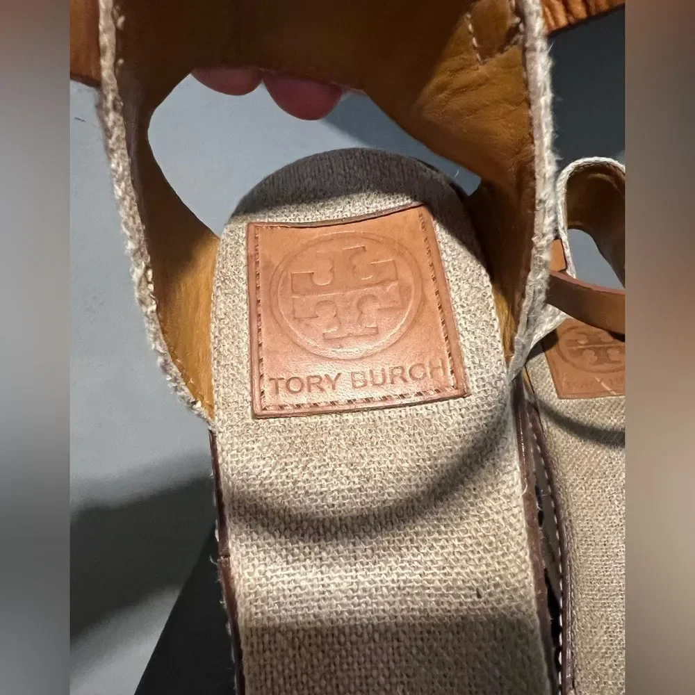 Tory Burch Macy Natural Linen with Metallic Flecks Espadrille Wedges
